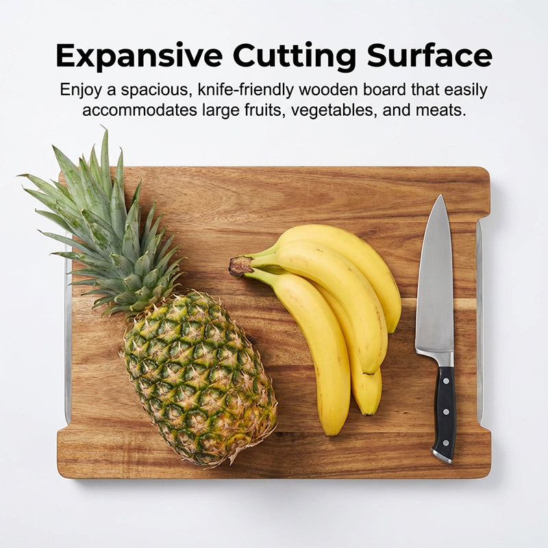 Wooden Cutting Board with Slide Out Stainless Steel Trays 2