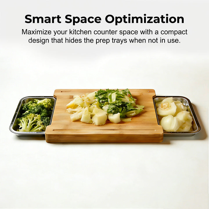 Wooden Cutting Board with Slide Out Stainless Steel Trays 3