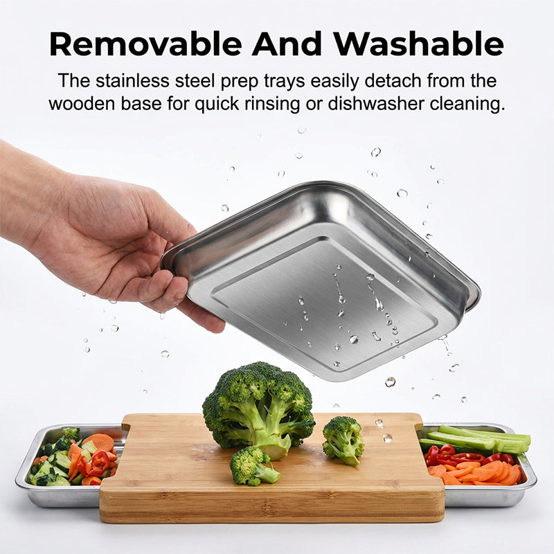Wooden Cutting Board with Slide Out Stainless Steel Trays 5
