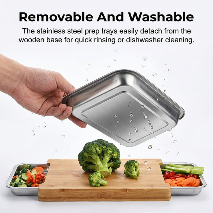 Wooden Cutting Board with Slide Out Stainless Steel Trays 5