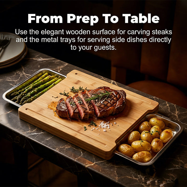 Wooden Cutting Board with Slide Out Stainless Steel Trays 6