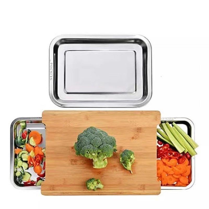 Wooden Cutting Board with Slide Out Stainless Steel Trays Double Tray 1