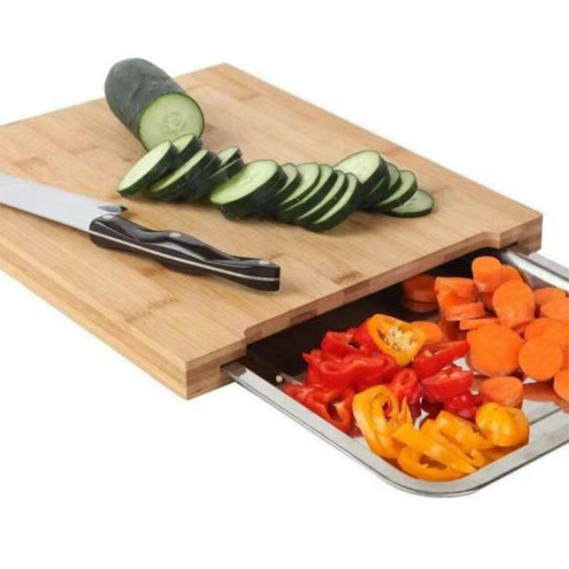 Wooden Cutting Board with Slide Out Stainless Steel Trays Single Tray 1