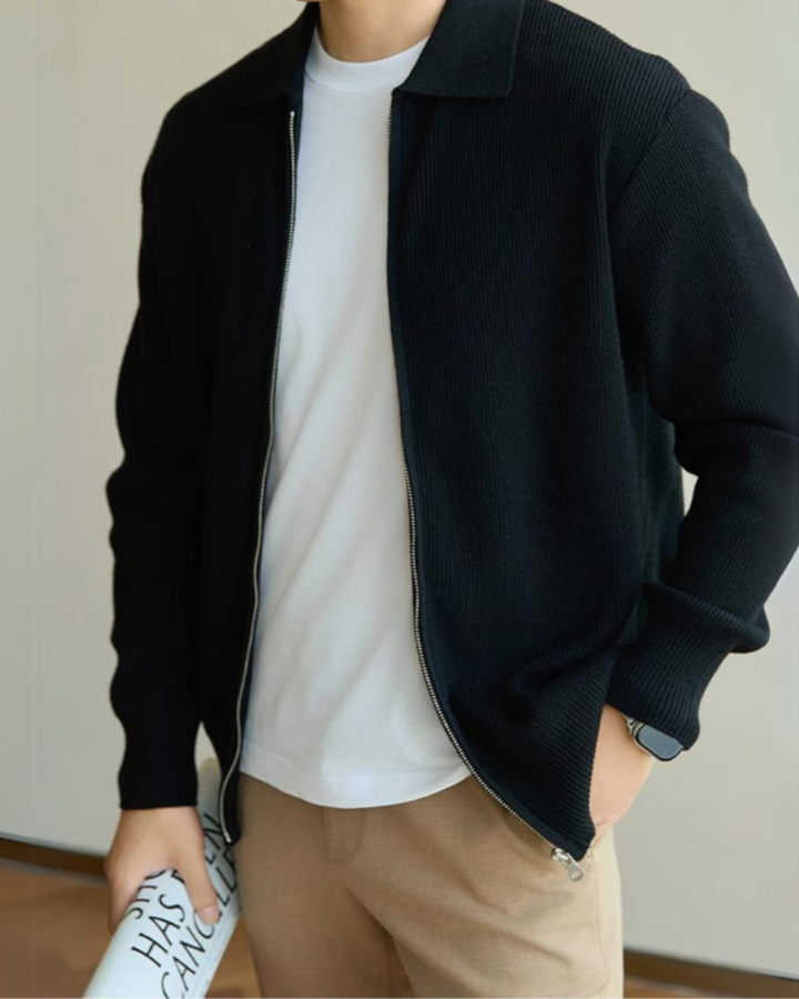 Wool Knit Polo Collar Zip Cardigan Set of 2 Black 2