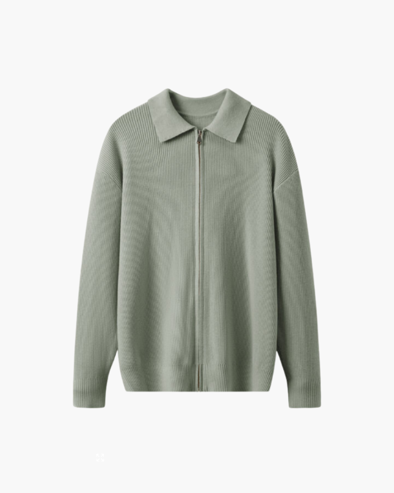 Wool Knit Polo Collar Zip Cardigan Set of 2 Sage Green 1