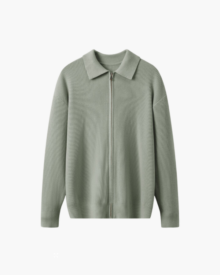 Wool Knit Polo Collar Zip Cardigan Set of 2 Sage Green 1