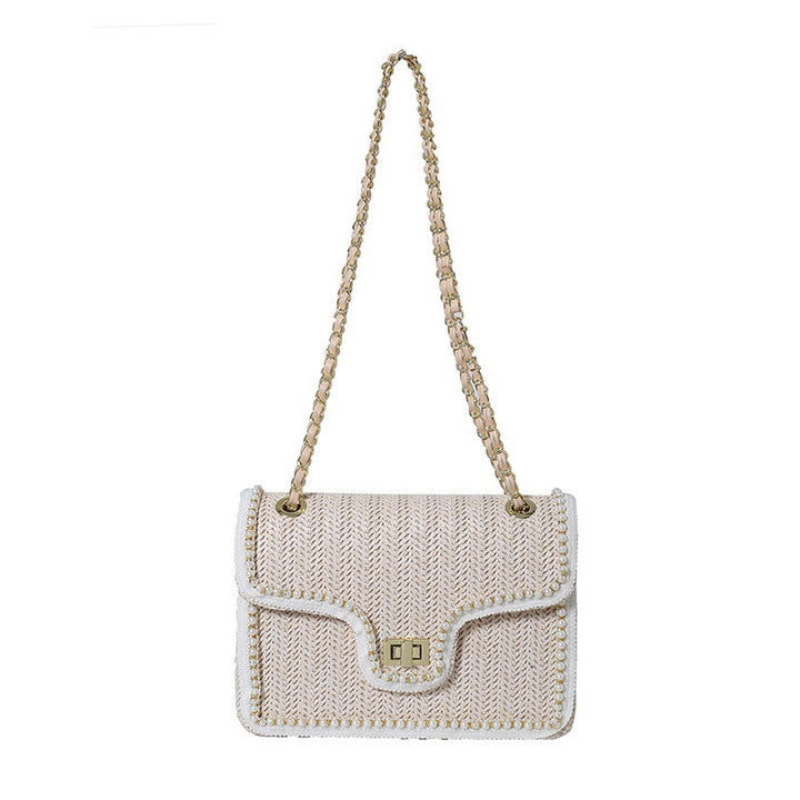 Woven Straw Shoulder Bag with Faux Pearls Set of 2 1
