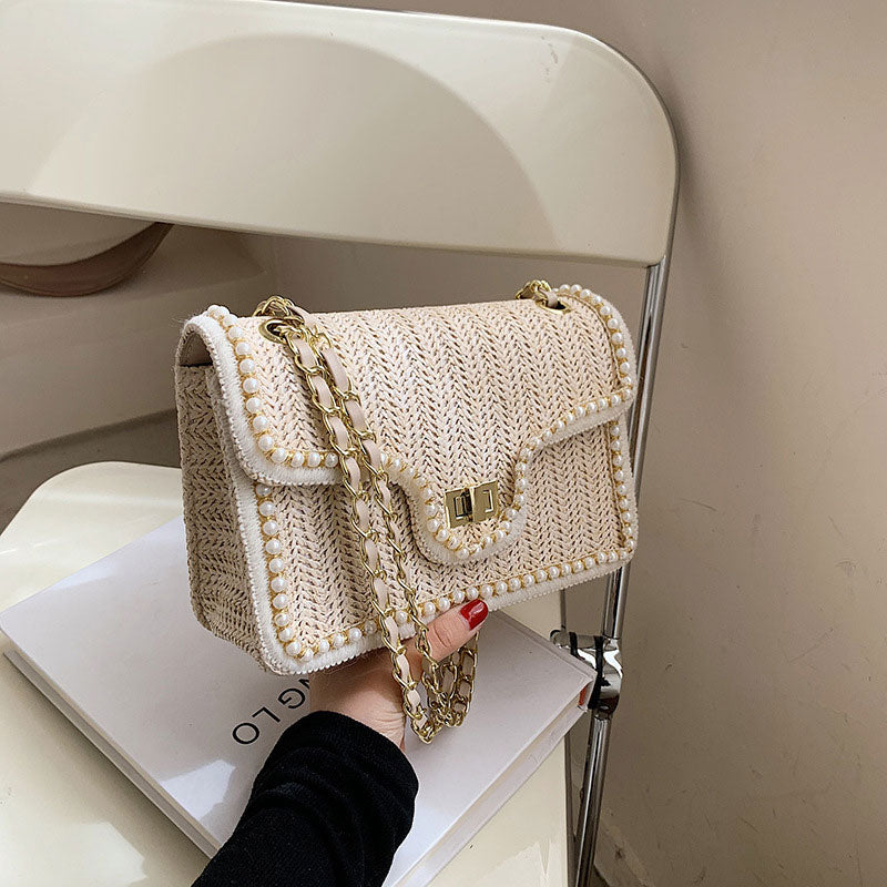 Woven Straw Shoulder Bag with Faux Pearls Set of 2 3