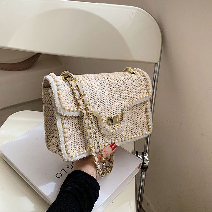 Woven Straw Shoulder Bag with Faux Pearls Set of 2 3