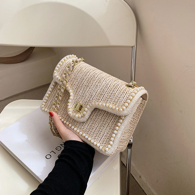 Woven Straw Shoulder Bag with Faux Pearls Set of 2 4