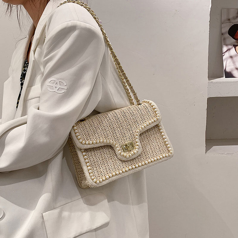 Woven Straw Shoulder Bag with Faux Pearls Set of 2 5