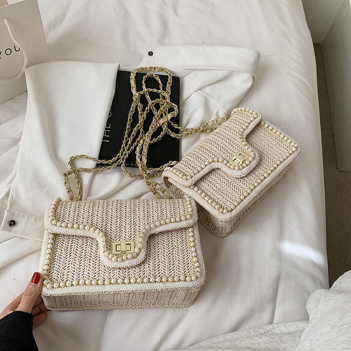 Woven Straw Shoulder Bag with Faux Pearls Set of 2 6